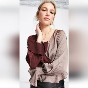 ASOS color block wrap top with tie button cuff in mauve